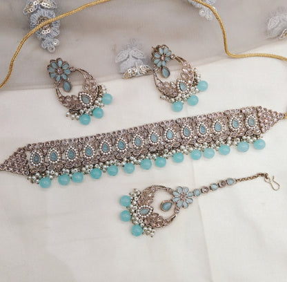 Sky Blue Choker Jewellery Sawree  Set