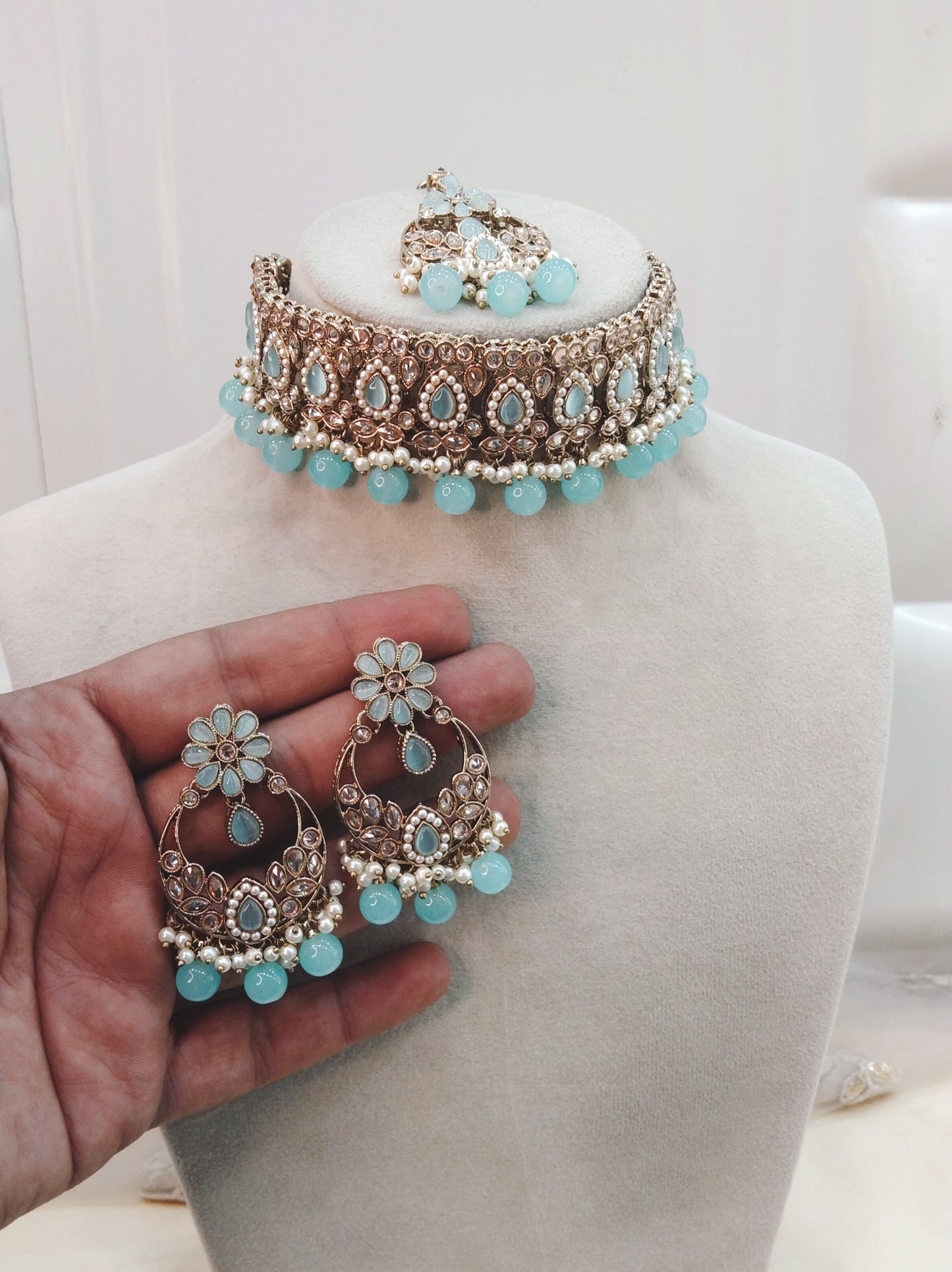 Sky Blue Choker Jewellery Sawree  Set