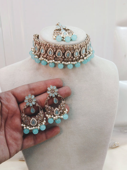 Sky Blue Choker Jewellery Sawree  Set