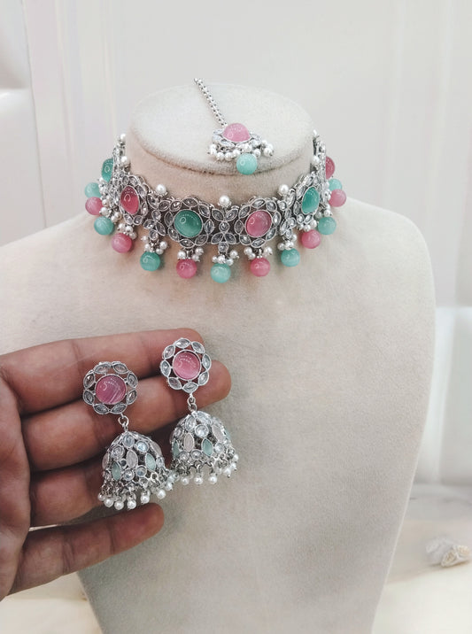 Silver Sea Green Pink  Choker Jewellery Bendigo  Set