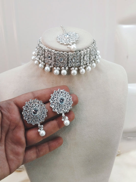 Silver White  Choker Jewellery Holo  Set
