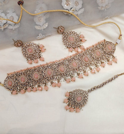 Peach Choker Jewellery Hira Set