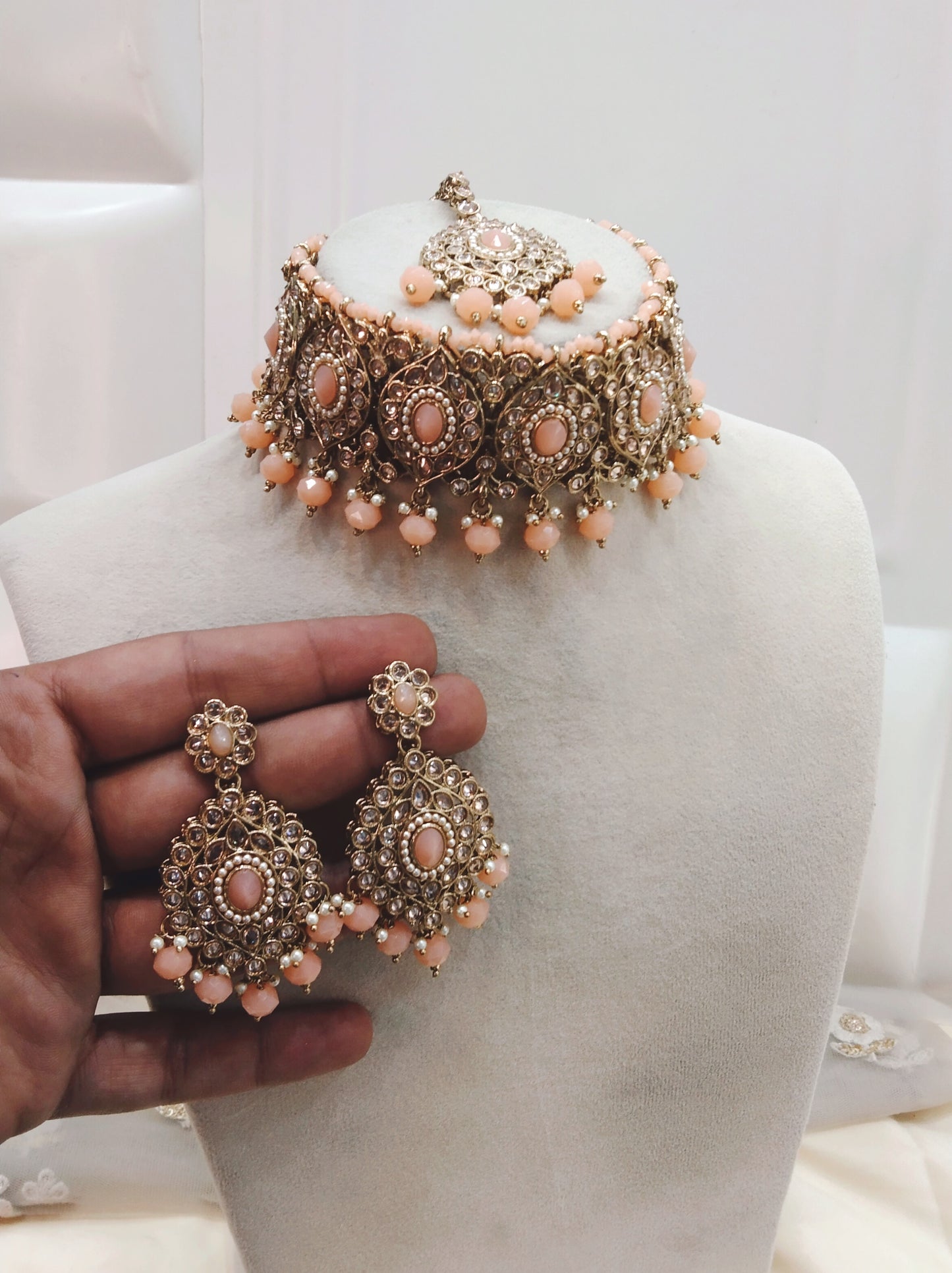 Peach Choker Jewellery Hira Set