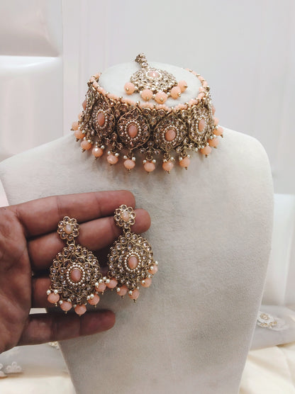 Peach Choker Jewellery Hira Set