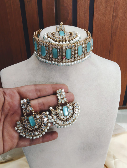Sky Blue Choker Jewellery Sawree Set
