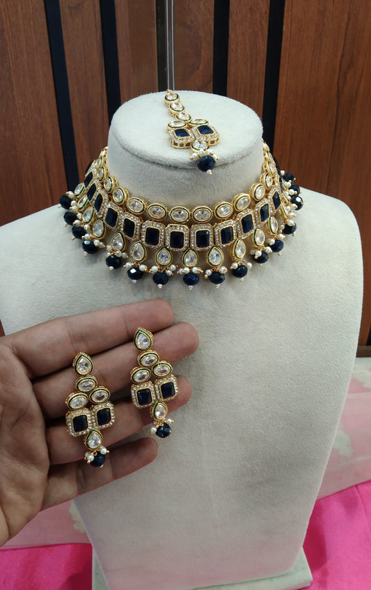 Blue Choker Kundan Jewellery Omsk Set