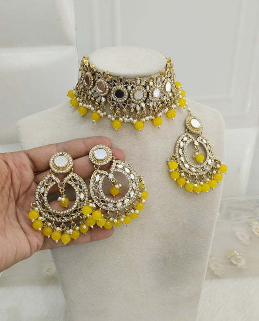 Yellow Mirror Kundan Choker Jewellery Line Set