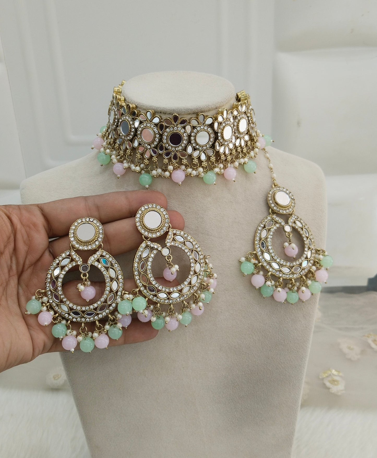 Mint Pink Mirror Kundan Choker Jewellery Line Set