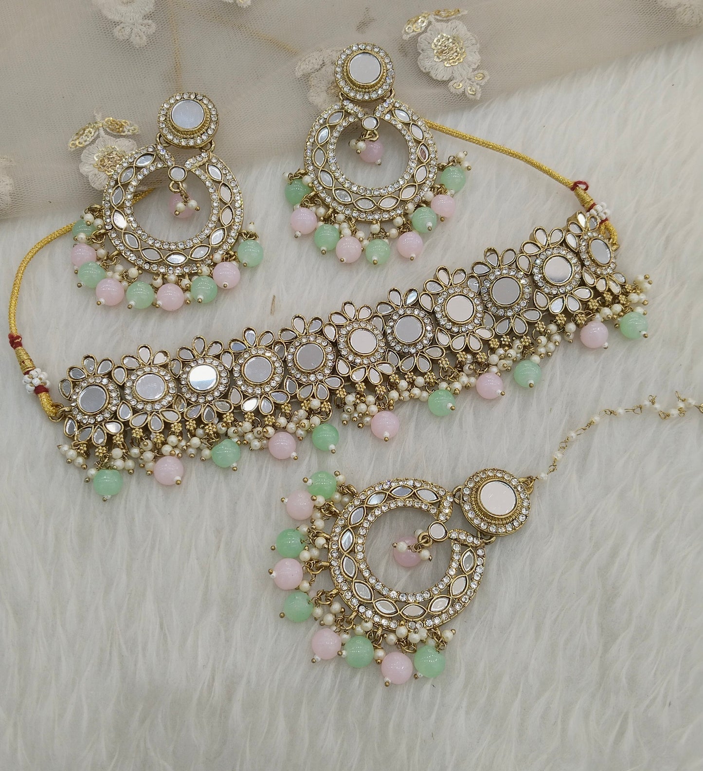 Mint Pink Mirror Kundan Choker Jewellery Line Set