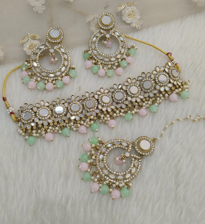 Mint Pink Mirror Kundan Choker Jewellery Line Set