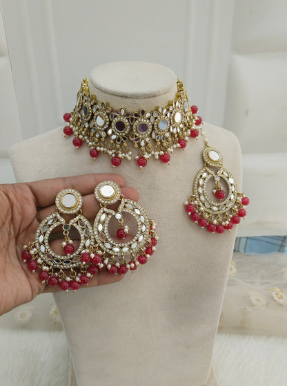 Maroon Mirror Kundan Choker Jewellery Line Set