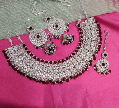 Silver Maroon Necklace Jewellery Ventura Set