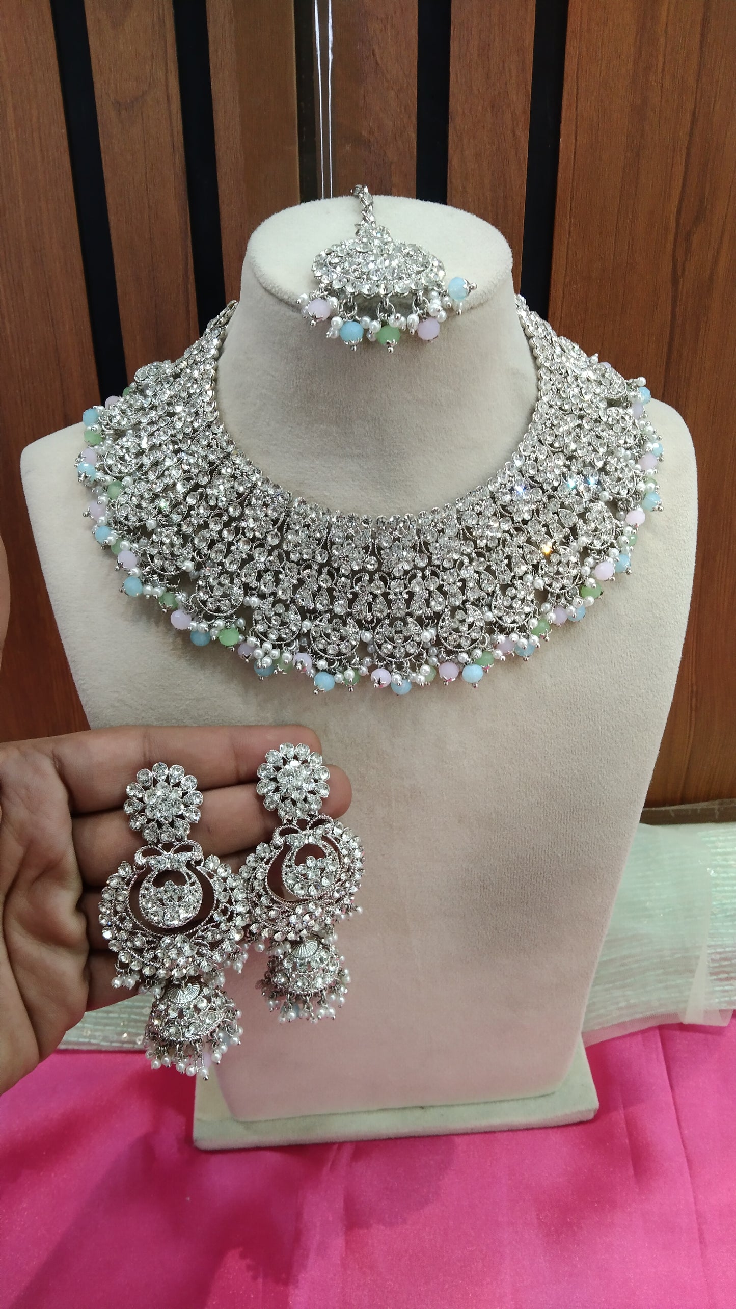 Silver Mint Pink Necklace Jewellery Perm Set