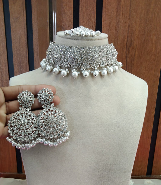 Silver White  Choker Jewellery West Orange Set