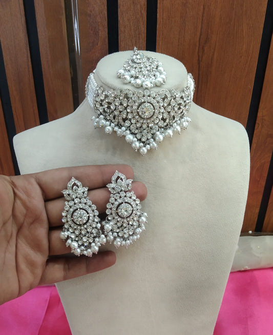 Silver White Choker Jewellery Imly Set