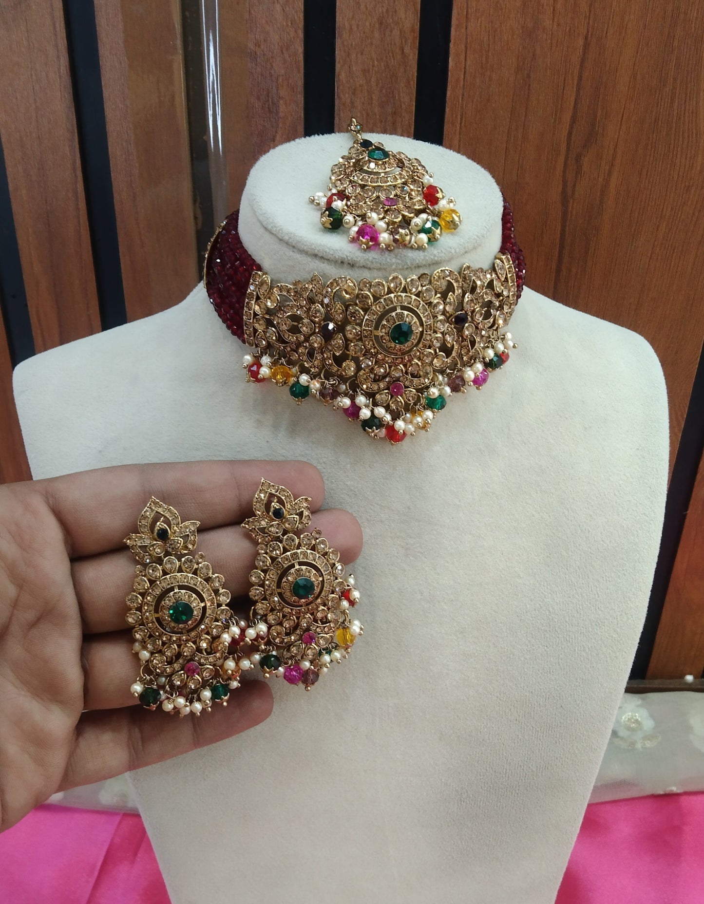 Maroon Green Choker Jewellery Imly Set