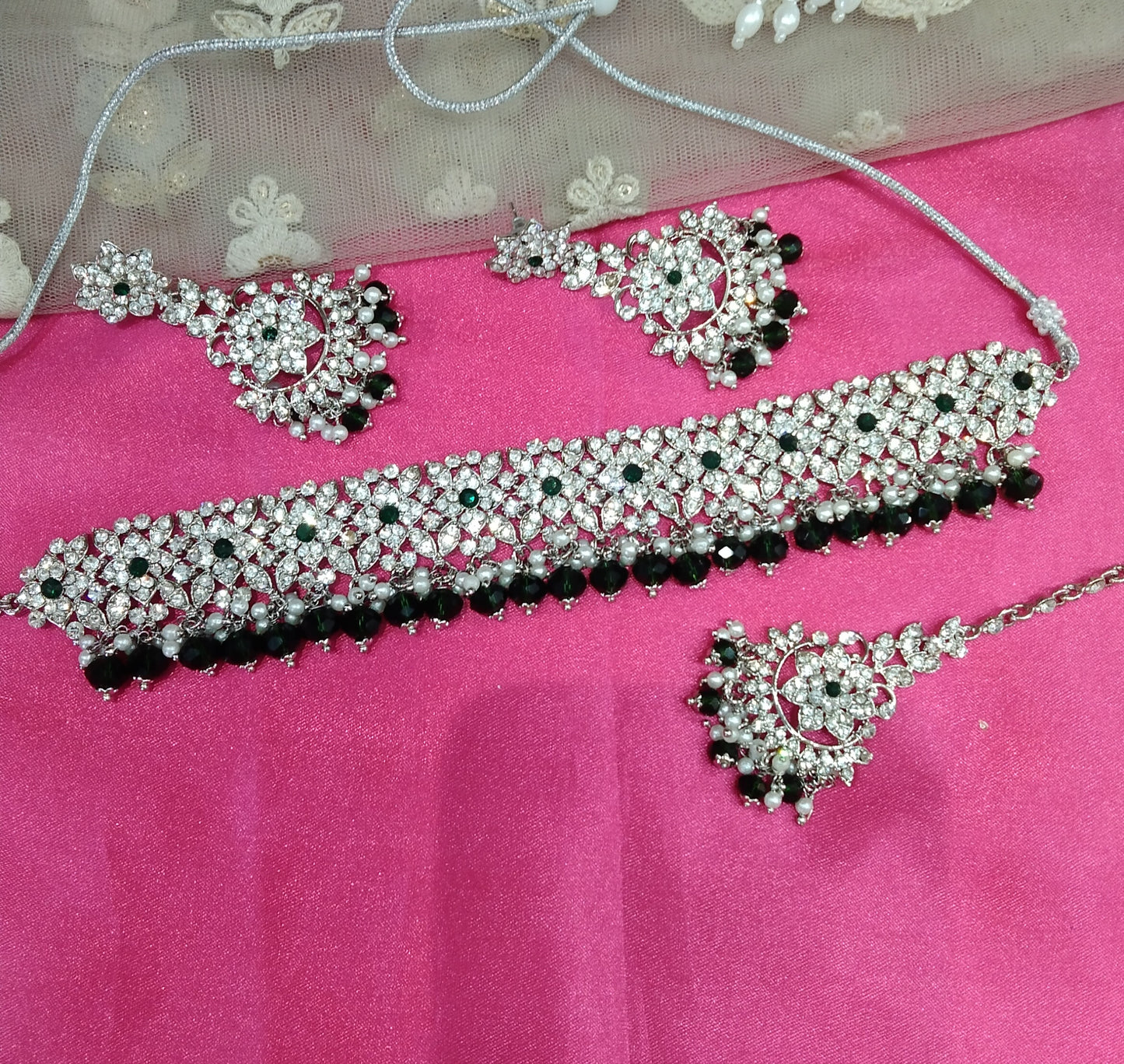 Silver Green Choker Jewellery Tesli  Set