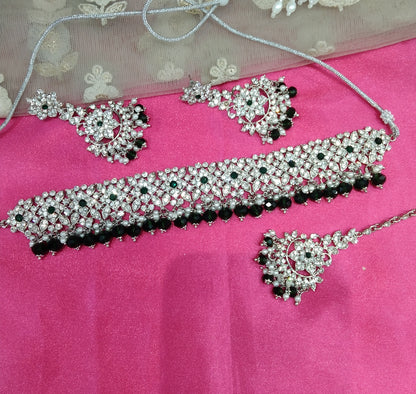 Silver Green Choker Jewellery Tesli  Set