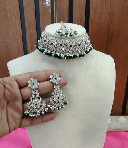 Silver Green Choker Jewellery Tesli  Set