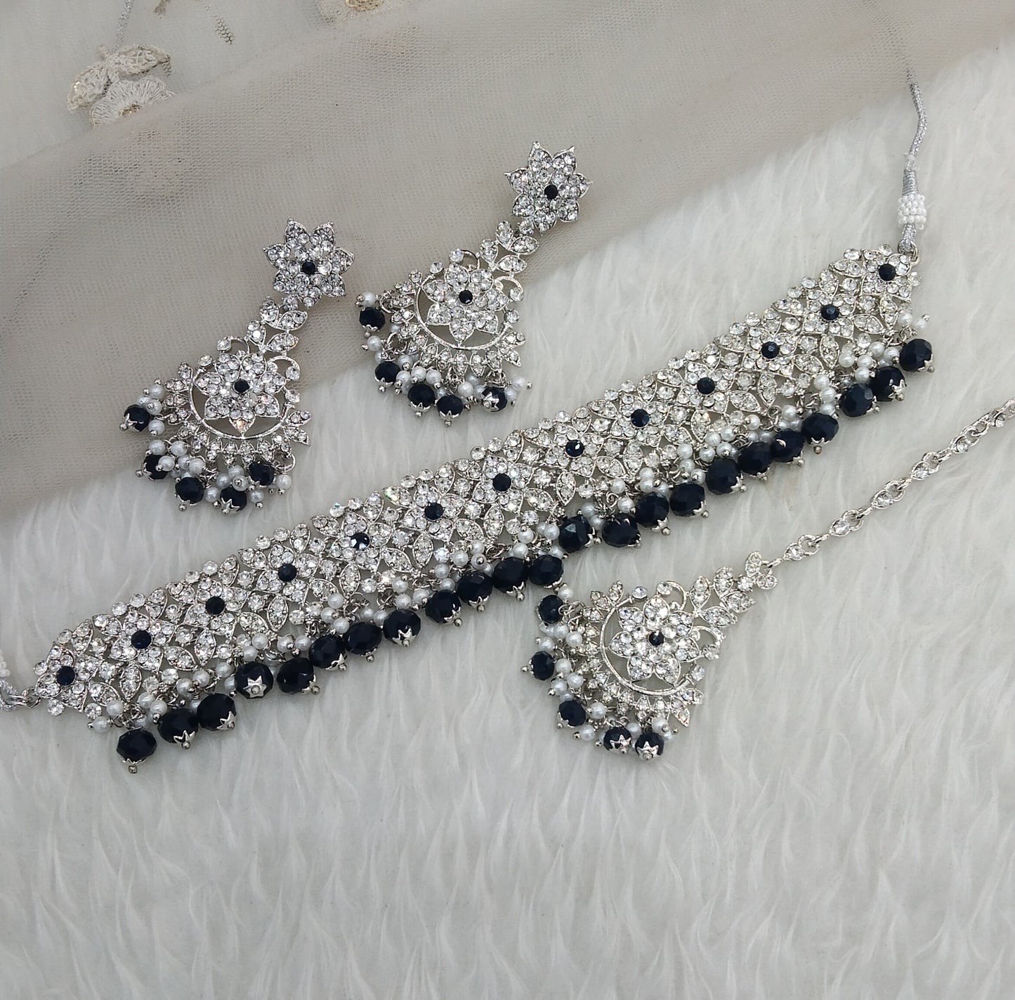 Silver Blue Choker Jewellery Tesli Set