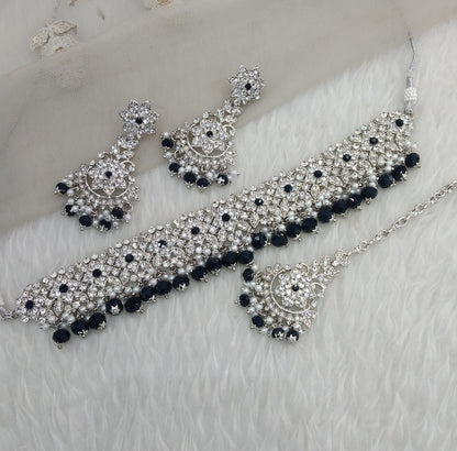 Silver Blue Choker Jewellery Tesli Set