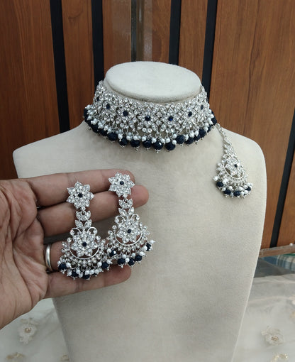 Silver Blue Choker Jewellery Tesli Set