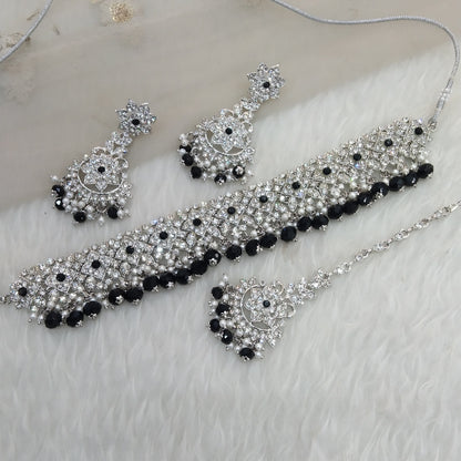 Silver Black Choker Jewellery Tesli Set