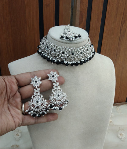 Silver Black Choker Jewellery Tesli Set