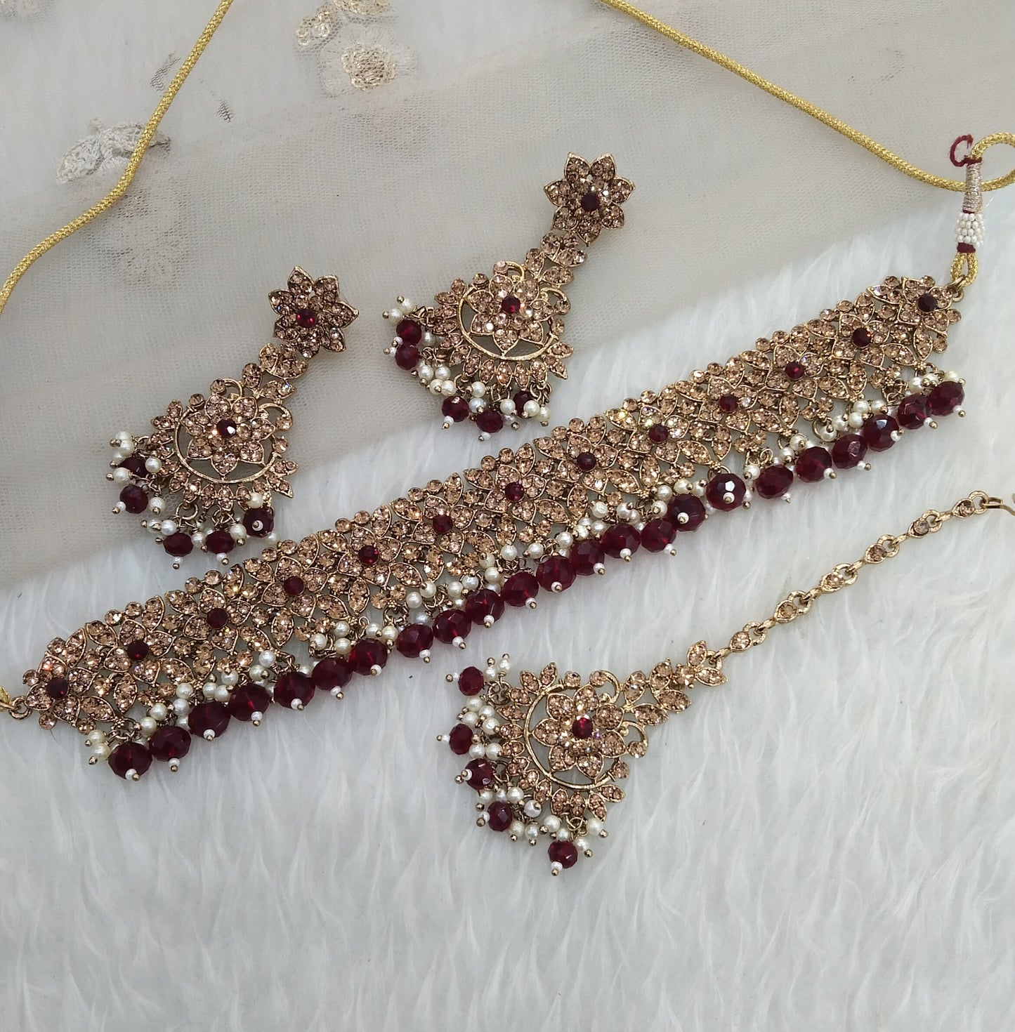 Maroon Choker Jewellery Tesli Set