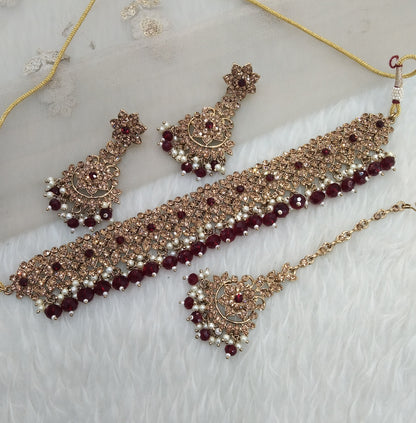 Maroon Choker Jewellery Tesli Set