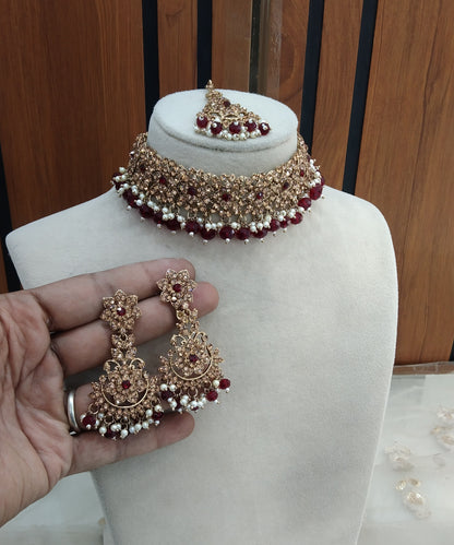 Maroon Choker Jewellery Tesli Set