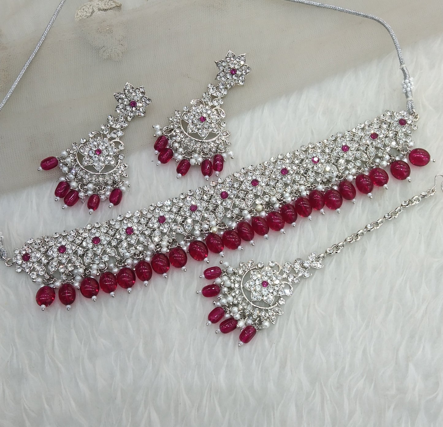 Silver Majenta Choker Jewellery Tesli Set