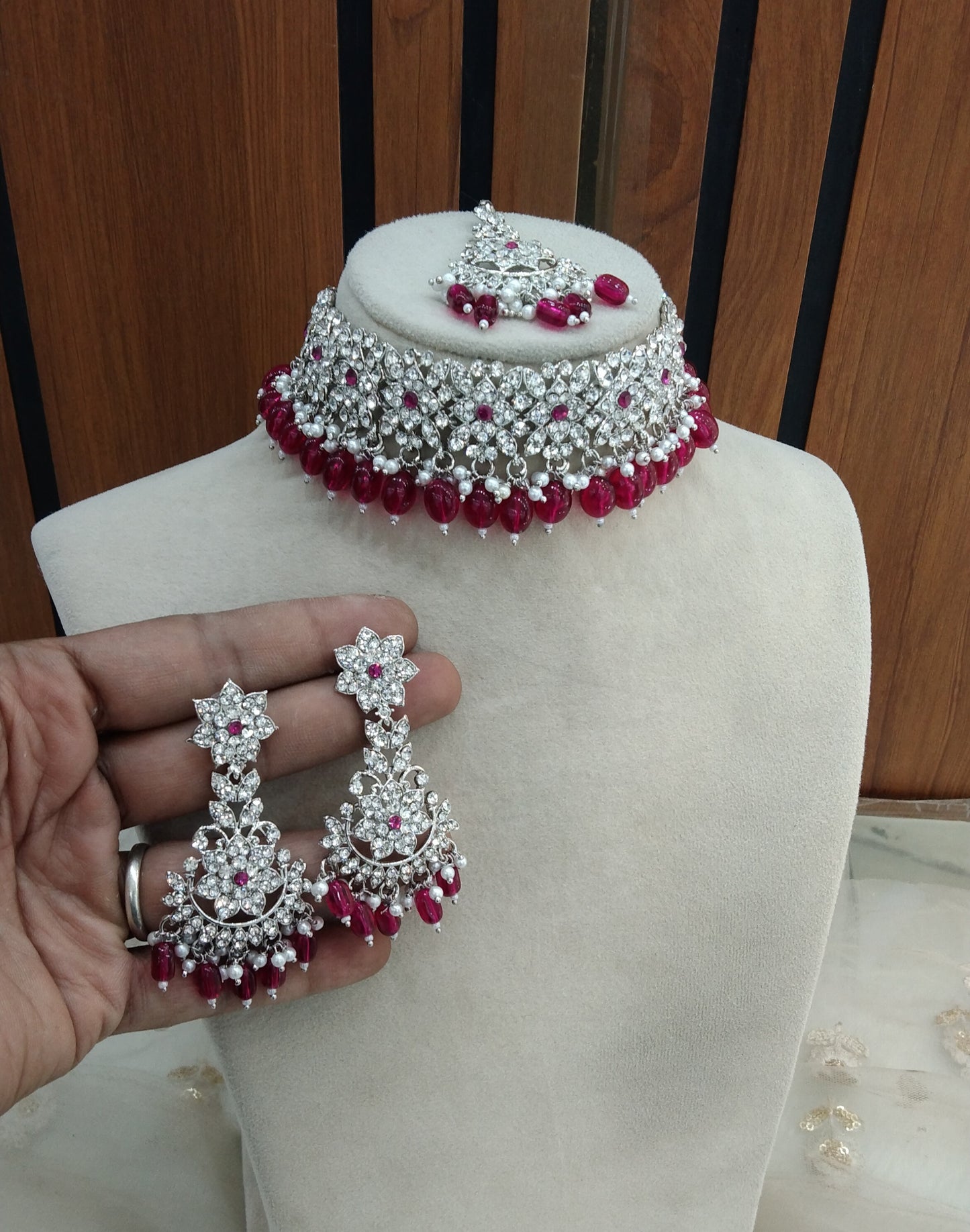 Silver Majenta Choker Jewellery Tesli Set