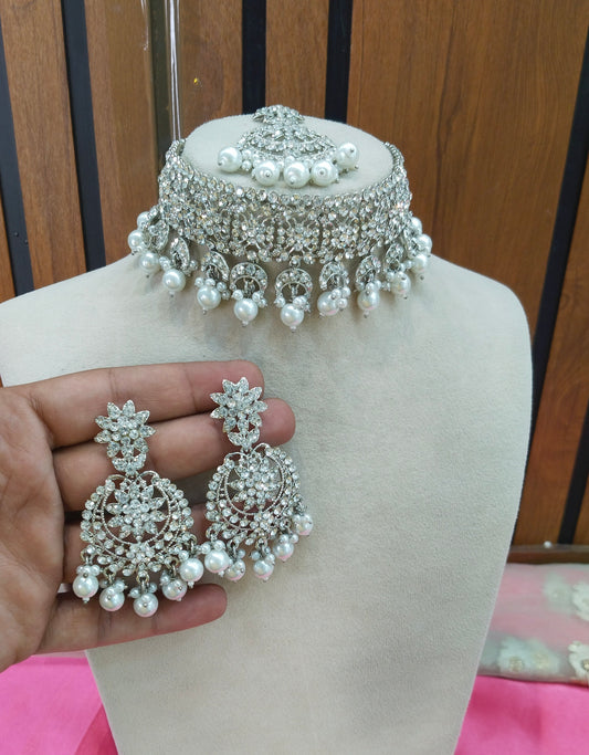 Silver White Choker Jewellery Princeton Set