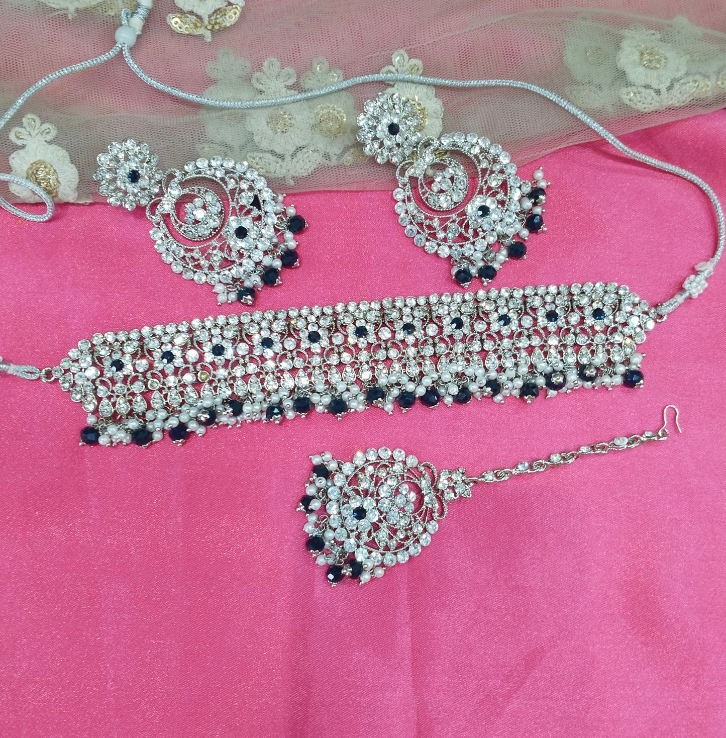 Silver Navy Blue Choker Jewellery Carlsbad Set