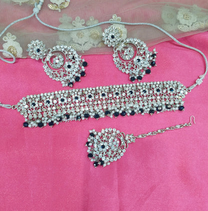 Silver Navy Blue Choker Jewellery Carlsbad Set