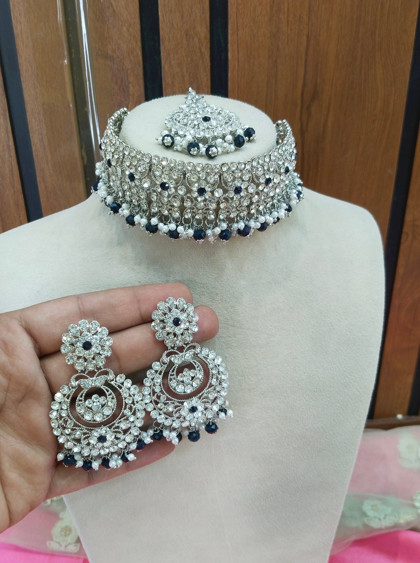 Silver Navy Blue Choker Jewellery Carlsbad Set