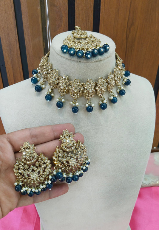 Antique Blue Choker Jewellery Pakistani Jhumar Tejasvi Set
