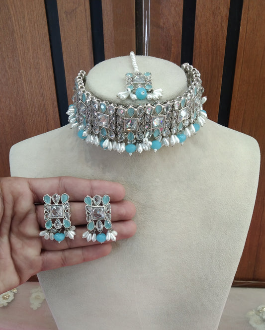 Siver Sky Blue Choker Jewellery Setu Set
