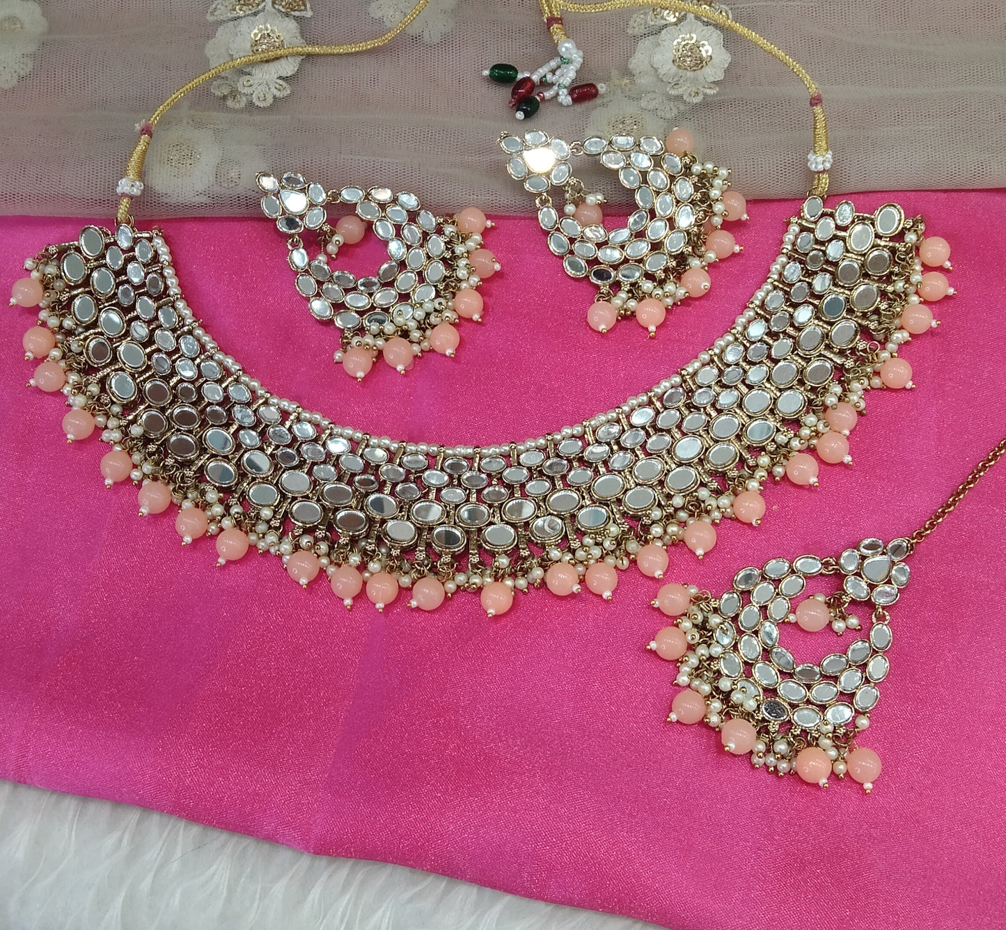 Peach Mirror Necklace Jewellery Denish set