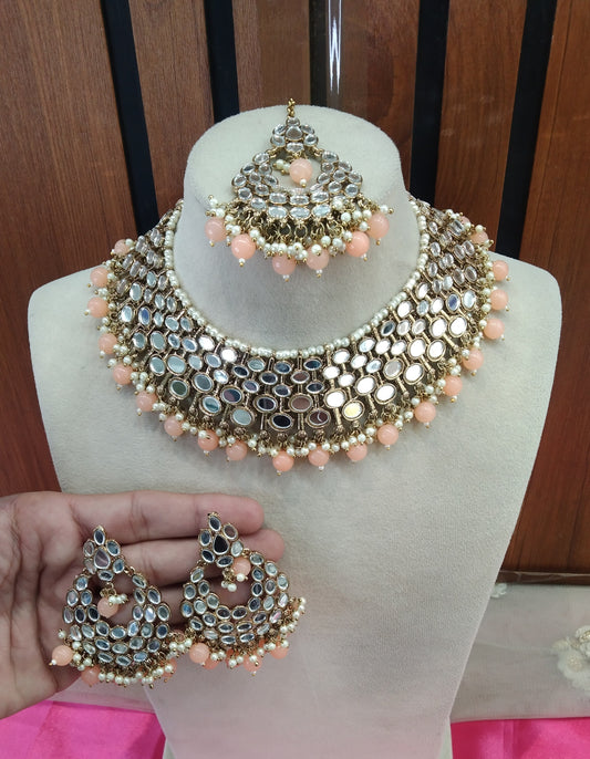 Peach Mirror Necklace Jewellery Denish set