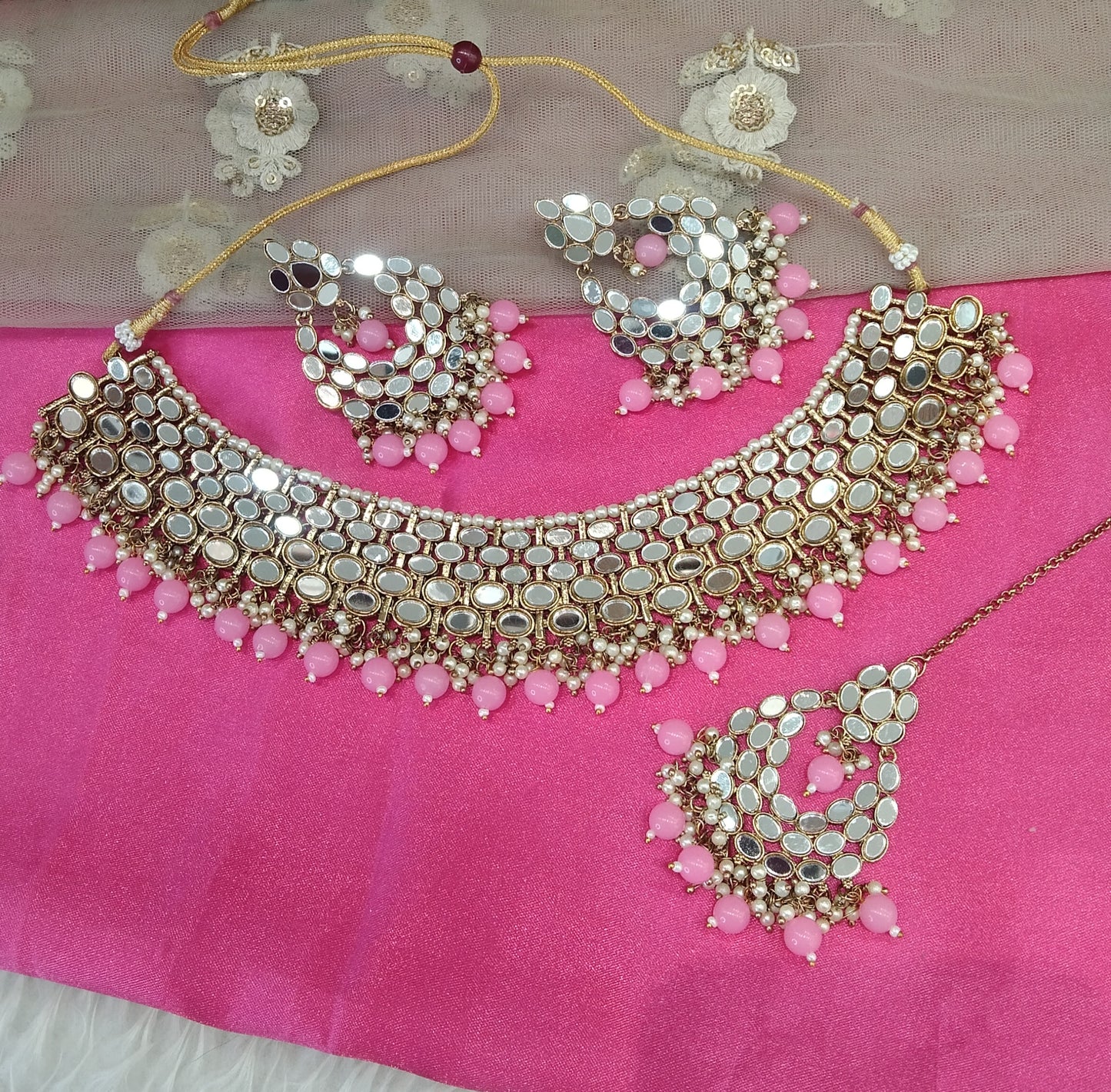 Pink Mirror Necklace Jewellery Denish set