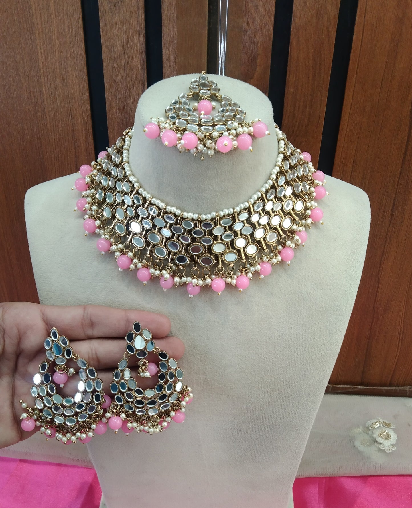 Pink Mirror Necklace Jewellery Denish set