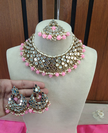 Pink Mirror Necklace Jewellery Denish set