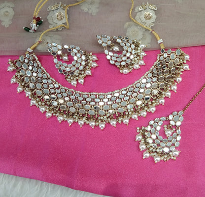 Antique White Mirror Necklace Jewellery Denish set