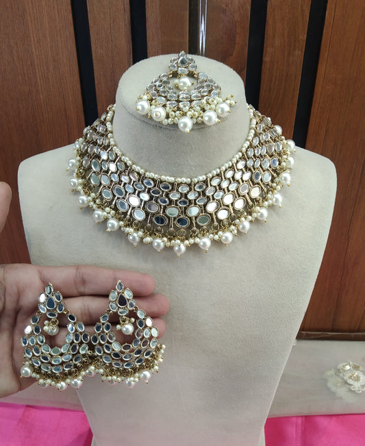 Antique White Mirror Necklace Jewellery Denish set