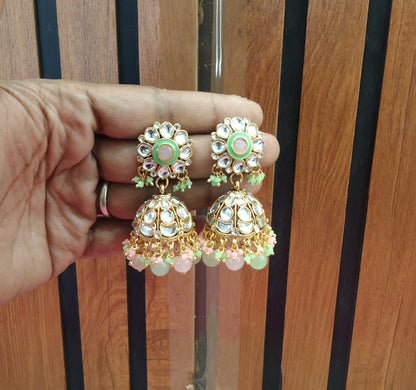 Mint Pink Kundan Jhumka Emporio Bollywood Earrings