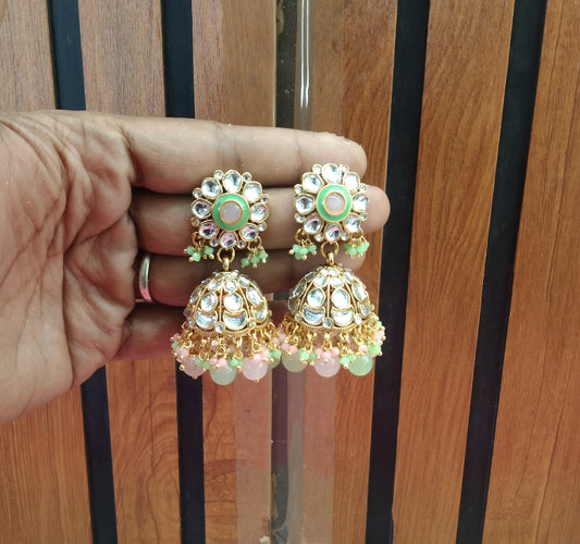 Mint Pink Kundan Jhumka Emporio Bollywood Earrings
