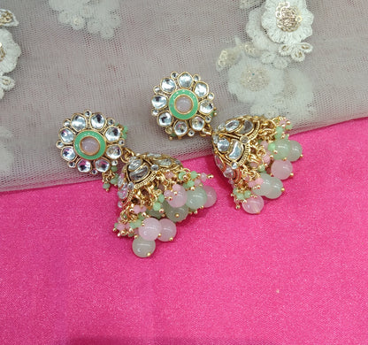 Mint Pink Kundan Jhumka Emporio Bollywood Earrings