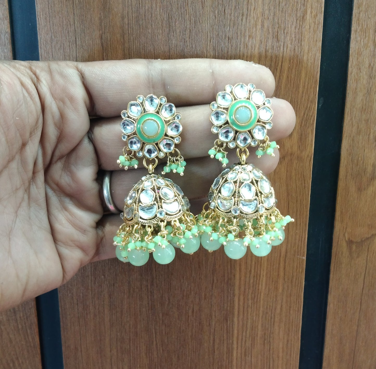 Mint Pista Kundan Jhumka Emporio Bollywood Earrings
